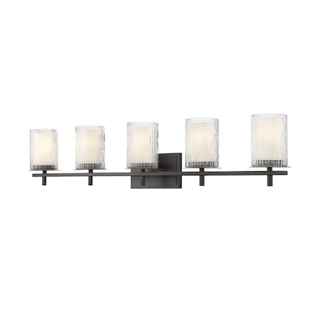 Z-Lite Grayson Vanity, 5-Light, 40 In.W x 5.75 In.L x 8.5 In.H, Matte Black/Clear + Etched Opal 1949-5V-MB
